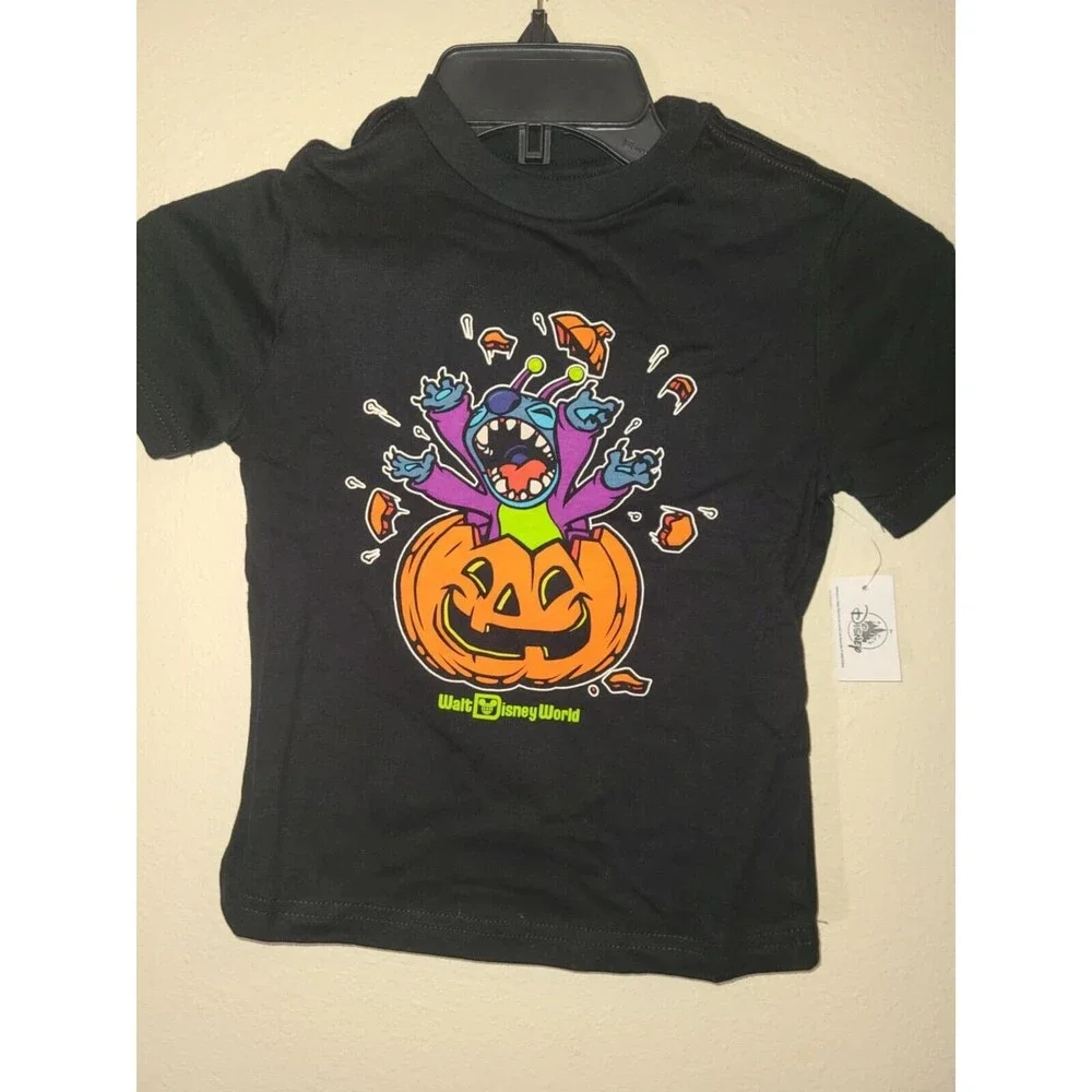 2024 Disney WDW Stitch Pumpkin Halloween Black SS T-Shirt Kids Sz 5/6 Small NEW